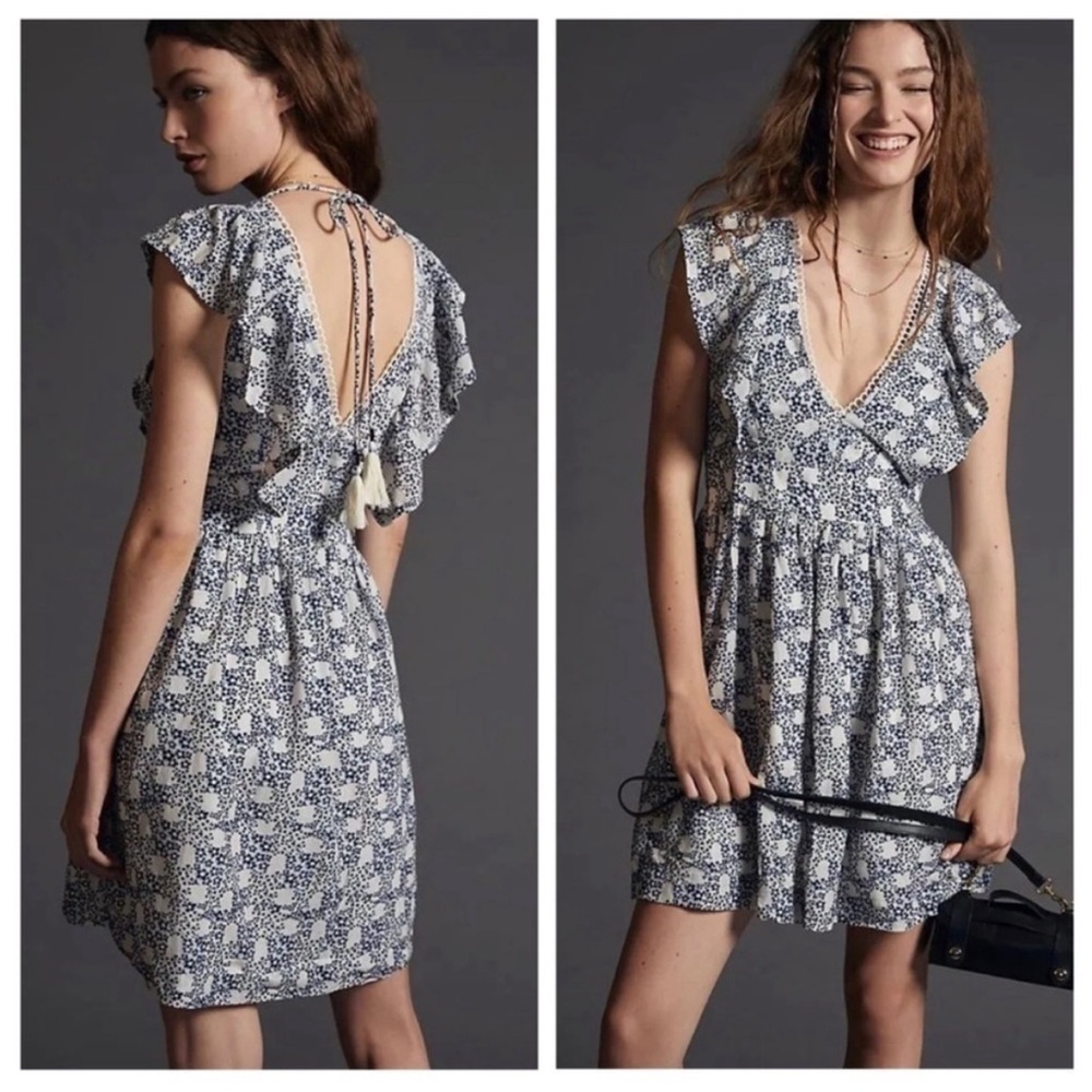 NWT Anthropologie Blue White Motif Floral Mini Dress with Plunge V Neck Size XS